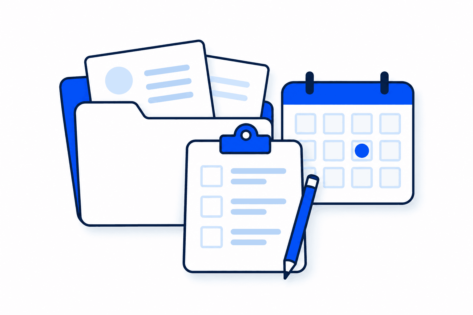 Organized task sheets and a calendar illustrating a team's daily coordination.