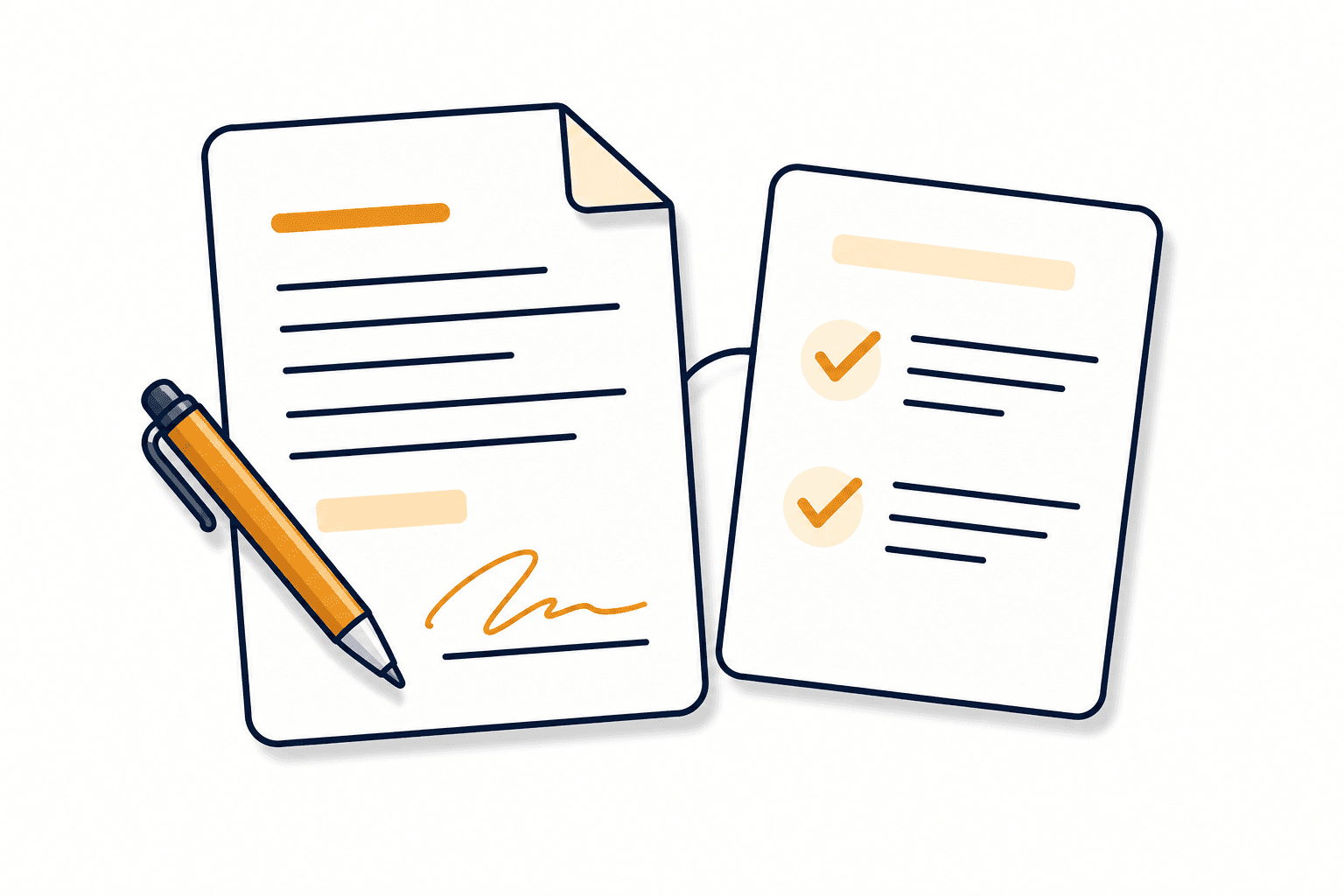 An agreement and pen alongside a review checklist.