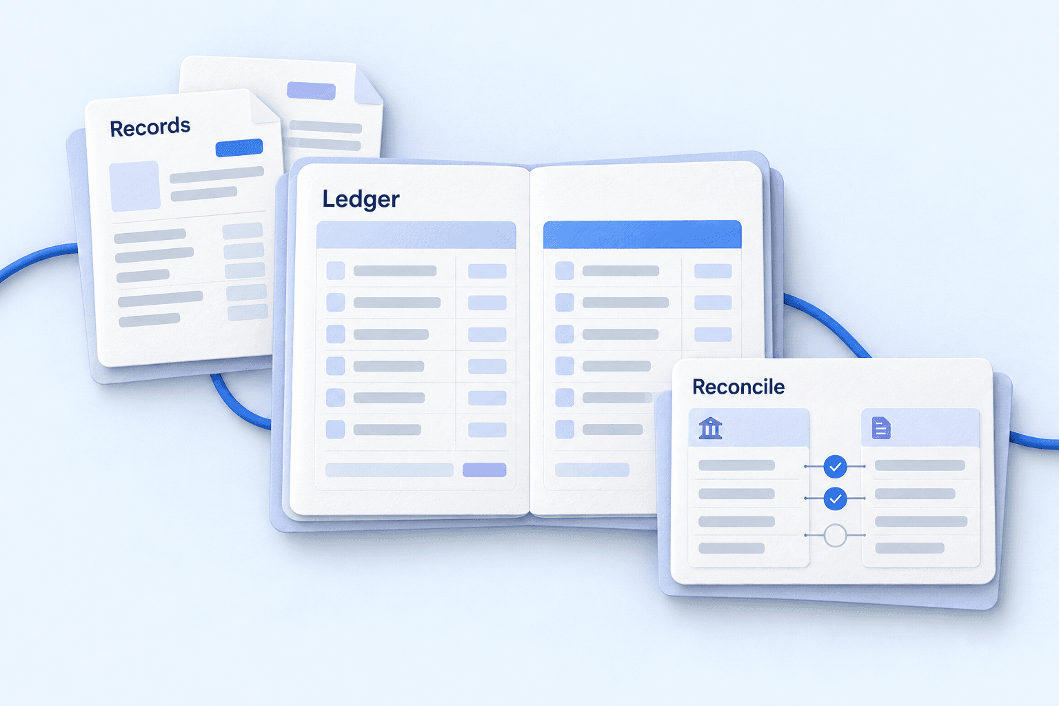 Financial records, a balanced ledger and a statement comparison illustrating the records behind financial review.